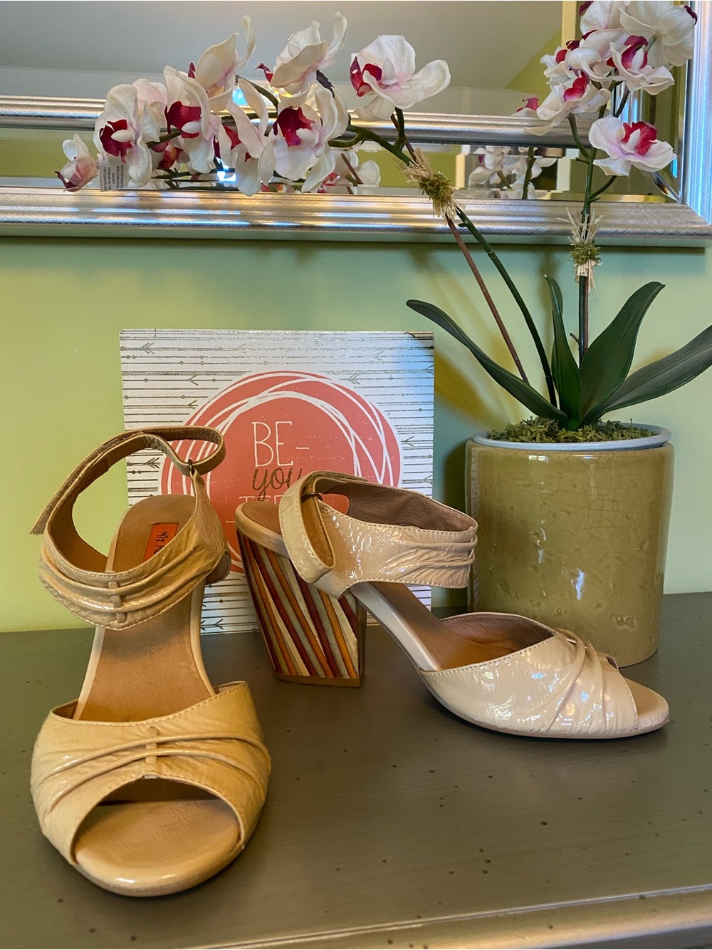 Miz Mooz Cream Patent Leather Block Heel Sandals
